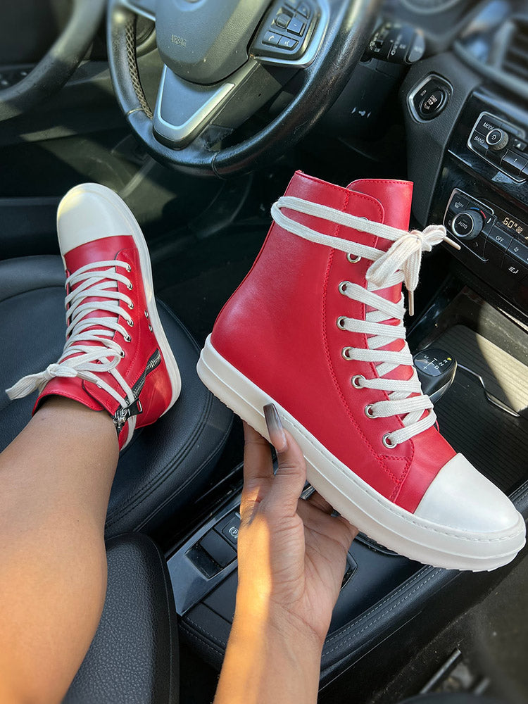 PU Side Zipper High-Top Sneakers