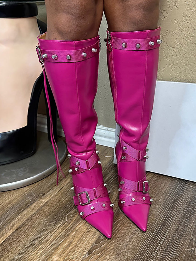 Studded Buckled Strap Leather Boots