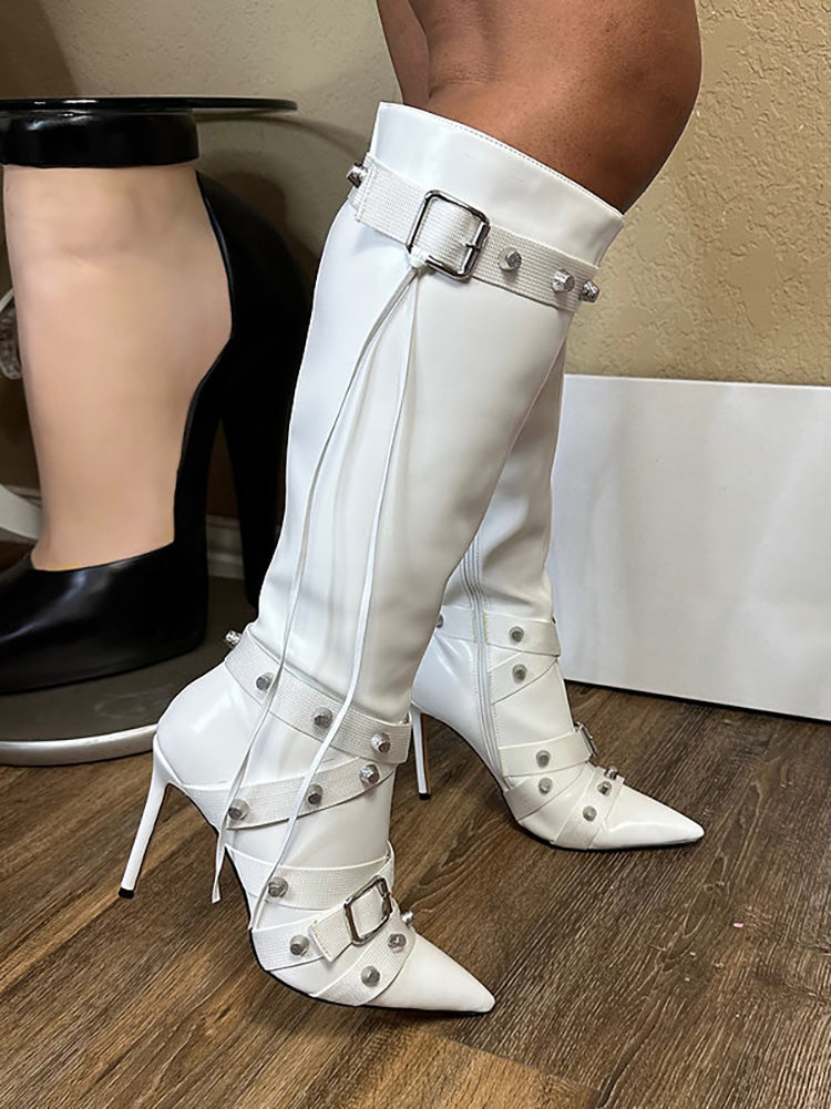 Studded Buckled Strap Leather Boots