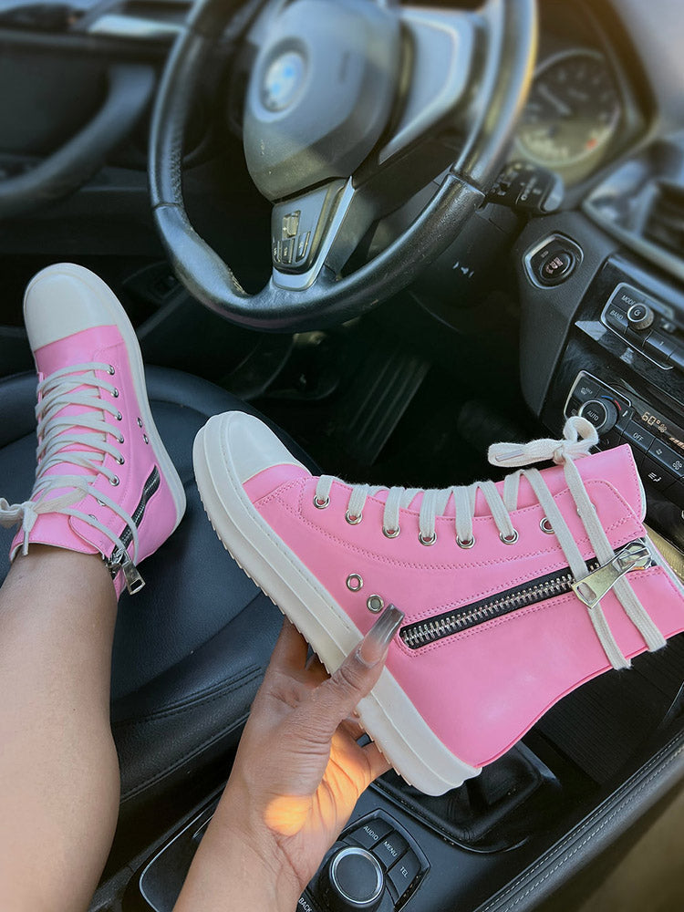 PU Side Zipper High-Top Sneakers