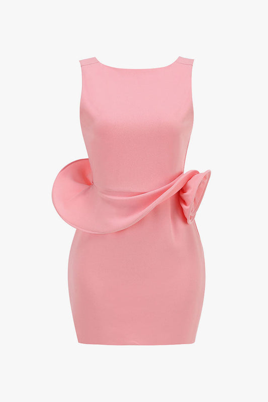 Artistic Crew Neck Backless Rosette Peplum Crepe Party Mini Dress
