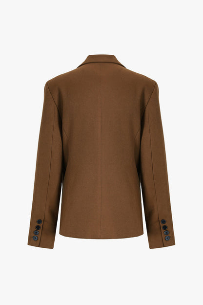 Asymmetric Button Up Notched Lapel Shoulder Pad Pleated Tailored Blazer