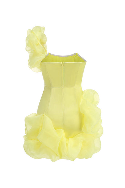 Asymmetric One Shoulder Layer Ruffle Bodycon Satin Micro Mini Party Dress