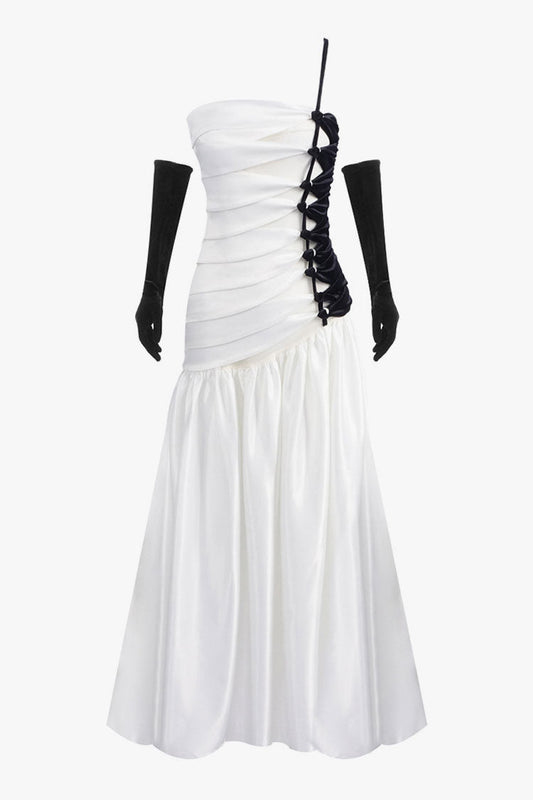 Asymmetric One Shoulder Mesh Panel Satin Pleated Formal Maxi Dress