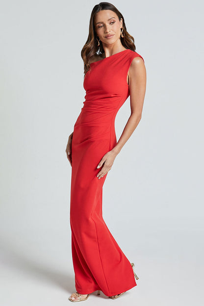 Asymmetric One Shoulder Sleeveless Ruched Bodycon Evening Maxi Dress