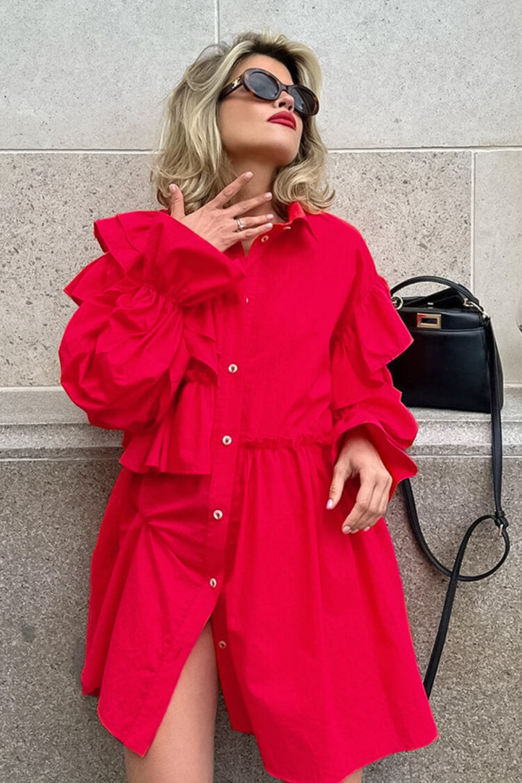 Asymmetric Ruffle Collared Button Up Babydoll Micro Mini Shirt Dress