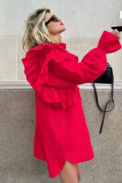 Asymmetric Ruffle Collared Button Up Babydoll Micro Mini Shirt Dress