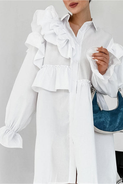 Asymmetric Ruffle Collared Button Up Babydoll Micro Mini Shirt Dress