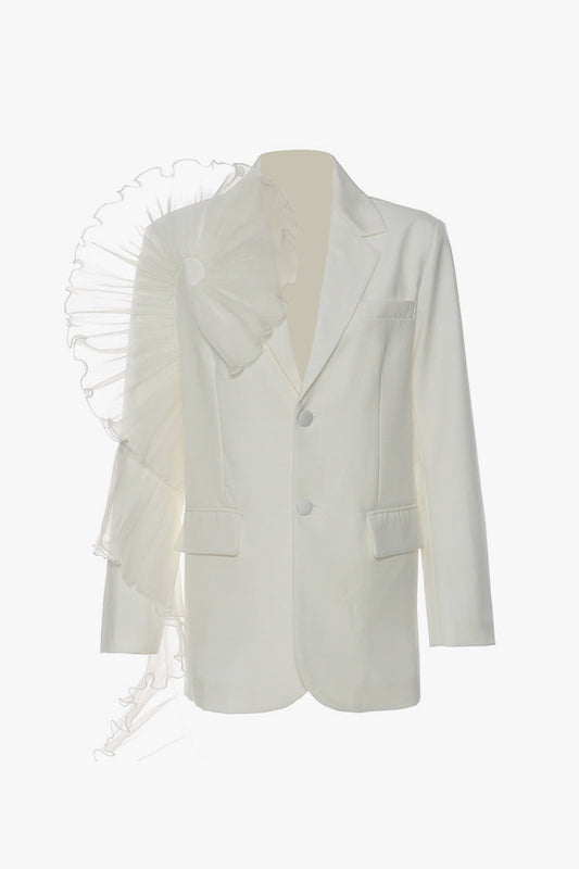 Asymmetric Tulle Ruffle Lapel Shoulder Pad Single Breasted Oversized Blazer