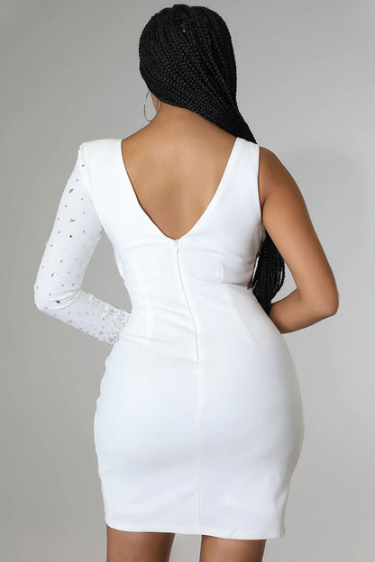 Asymmetrical Crystal Bra Long Sleeve Cutout Bodycon Party Mini Dress - White