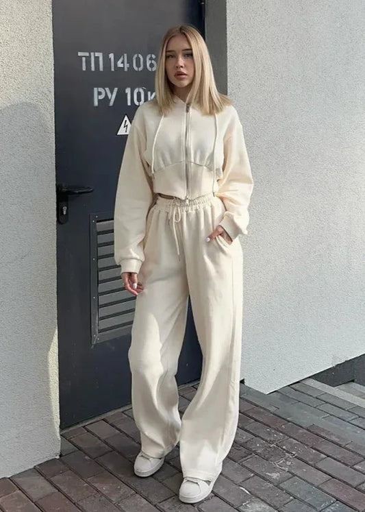 Cozy Cream - Cropped Hoodie and Jogger Set