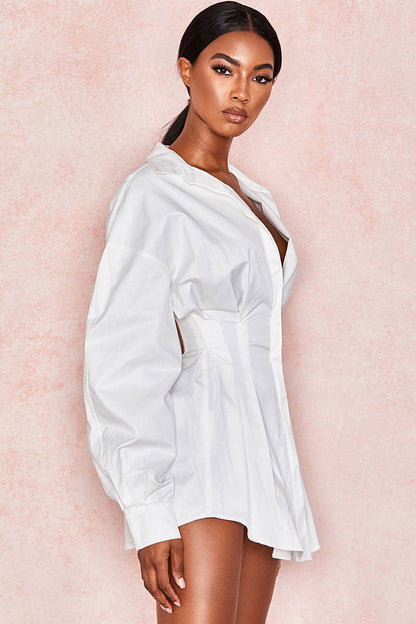 Balloon Sleeve Cinch Waist Button Down Mini Shirt Dress - White