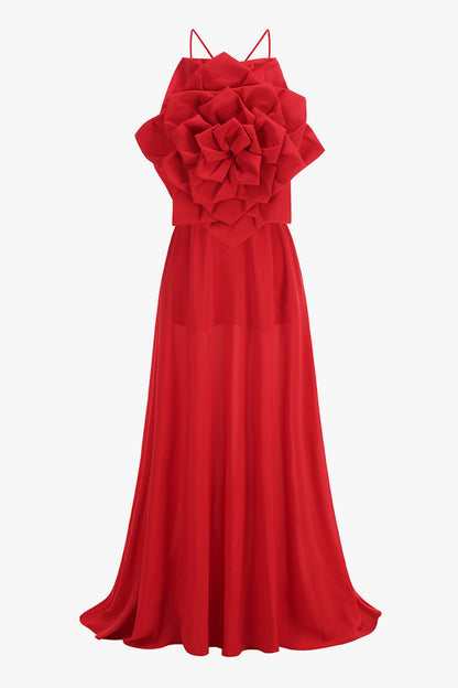 Bloom Rosette Sleeveless Pocketed Cross Backless Evening Maxi Dress
