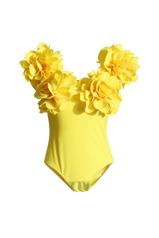 Blooming 3D Rosette Applique V Neck Cap Sleeve Fitted Summer Bodysuit