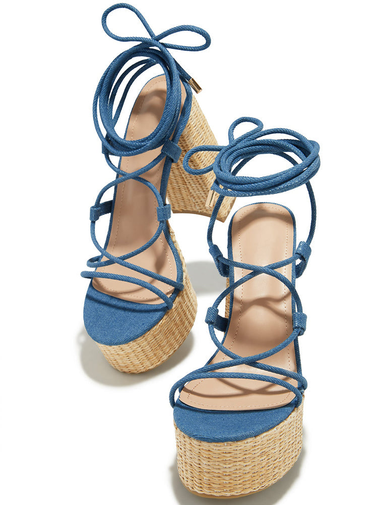 Raffia Platform Chunky Heel Sandals