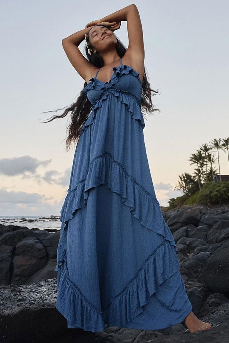 Boho Chic Halter Backless Empire Waist Ruffle Tiered Beach Vacation Maxi Dress