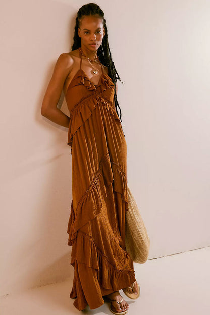 Boho Chic Halter Backless Empire Waist Ruffle Tiered Beach Vacation Maxi Dress
