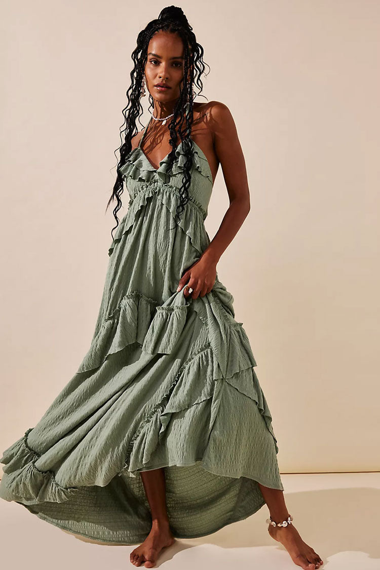 Boho Chic Halter Backless Empire Waist Ruffle Tiered Beach Vacation Maxi Dress