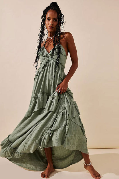 Boho Chic Halter Backless Empire Waist Ruffle Tiered Beach Vacation Maxi Dress