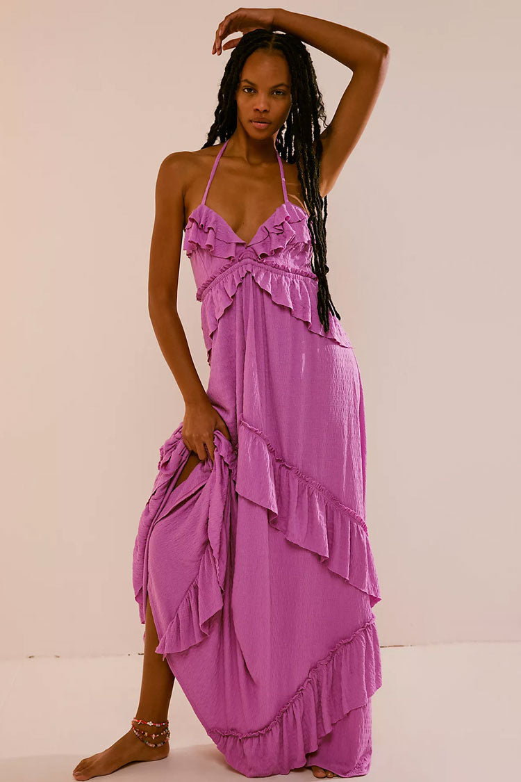 Boho Chic Halter Backless Empire Waist Ruffle Tiered Beach Vacation Maxi Dress