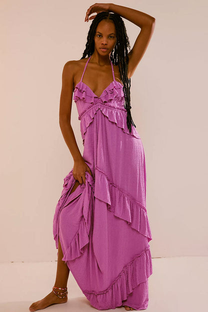 Boho Chic Halter Backless Empire Waist Ruffle Tiered Beach Vacation Maxi Dress