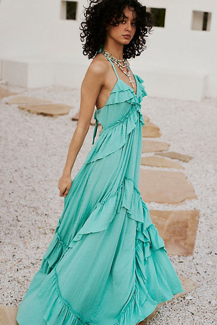 Boho Chic Halter Backless Empire Waist Ruffle Tiered Beach Vacation Maxi Dress