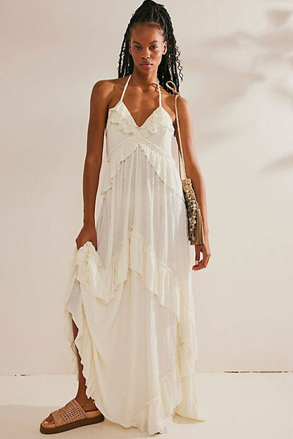 Boho Chic Halter Backless Empire Waist Ruffle Tiered Beach Vacation Maxi Dress
