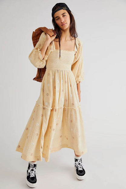 Boho Floral Embroidered Puff Sleeve Tiered Smock Beach Vacation Midi Dress