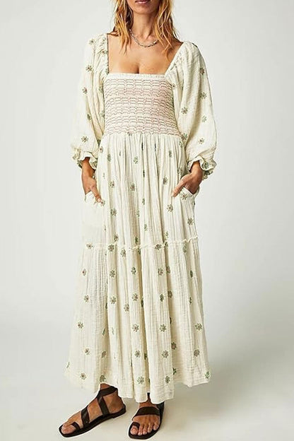 Boho Floral Embroidered Puff Sleeve Tiered Smock Beach Vacation Midi Dress