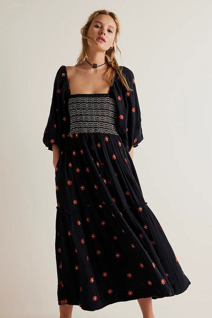 Boho Floral Embroidered Puff Sleeve Tiered Smock Beach Vacation Midi Dress