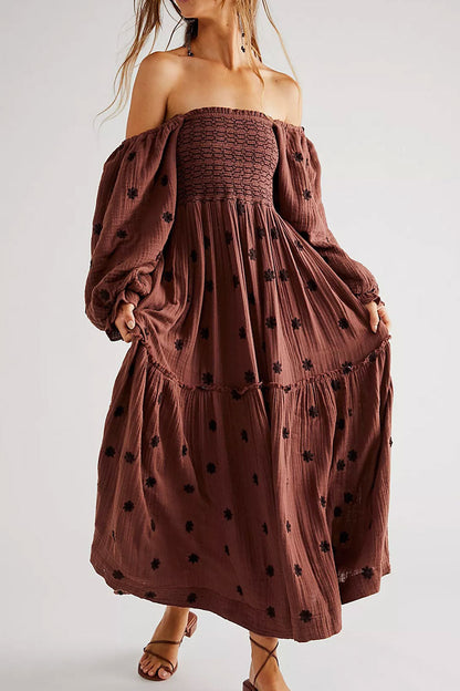 Boho Floral Embroidered Puff Sleeve Tiered Smock Beach Vacation Midi Dress