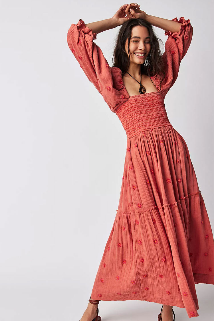 Boho Floral Embroidered Puff Sleeve Tiered Smock Beach Vacation Midi Dress