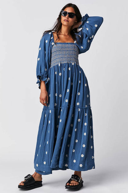 Boho Floral Embroidered Puff Sleeve Tiered Smock Beach Vacation Midi Dress