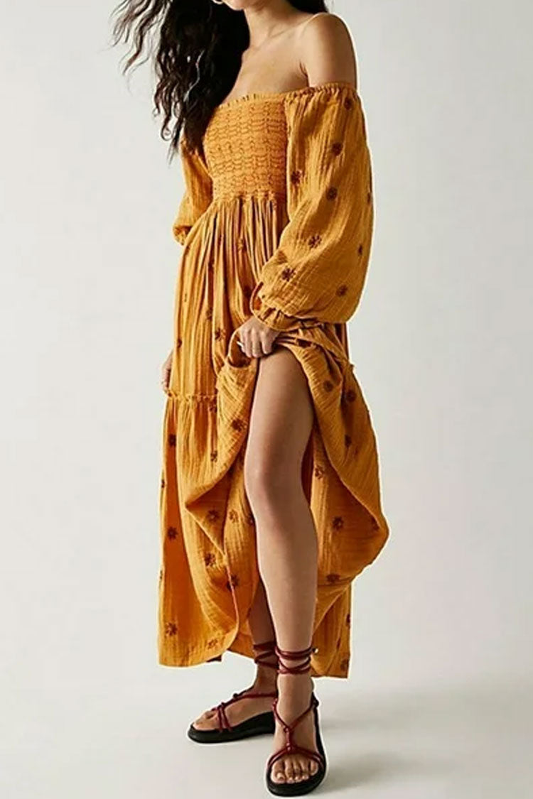 Boho Floral Embroidered Puff Sleeve Tiered Smock Beach Vacation Midi Dress