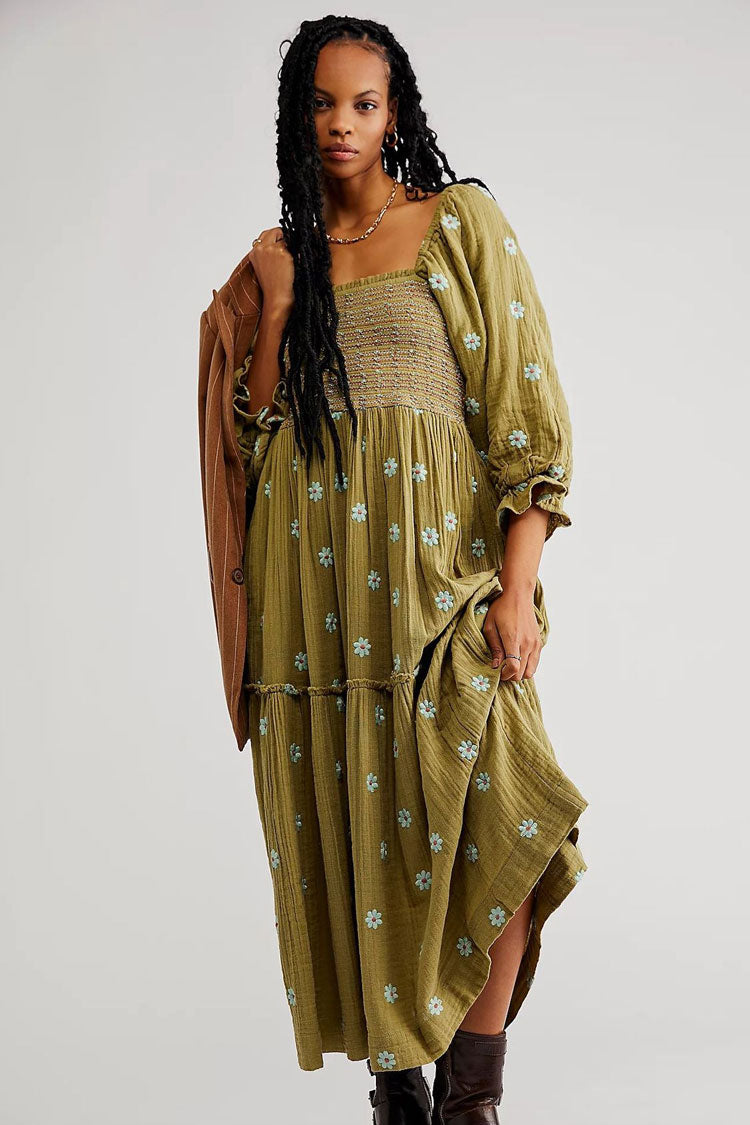 Boho Floral Embroidered Puff Sleeve Tiered Smock Beach Vacation Midi Dress