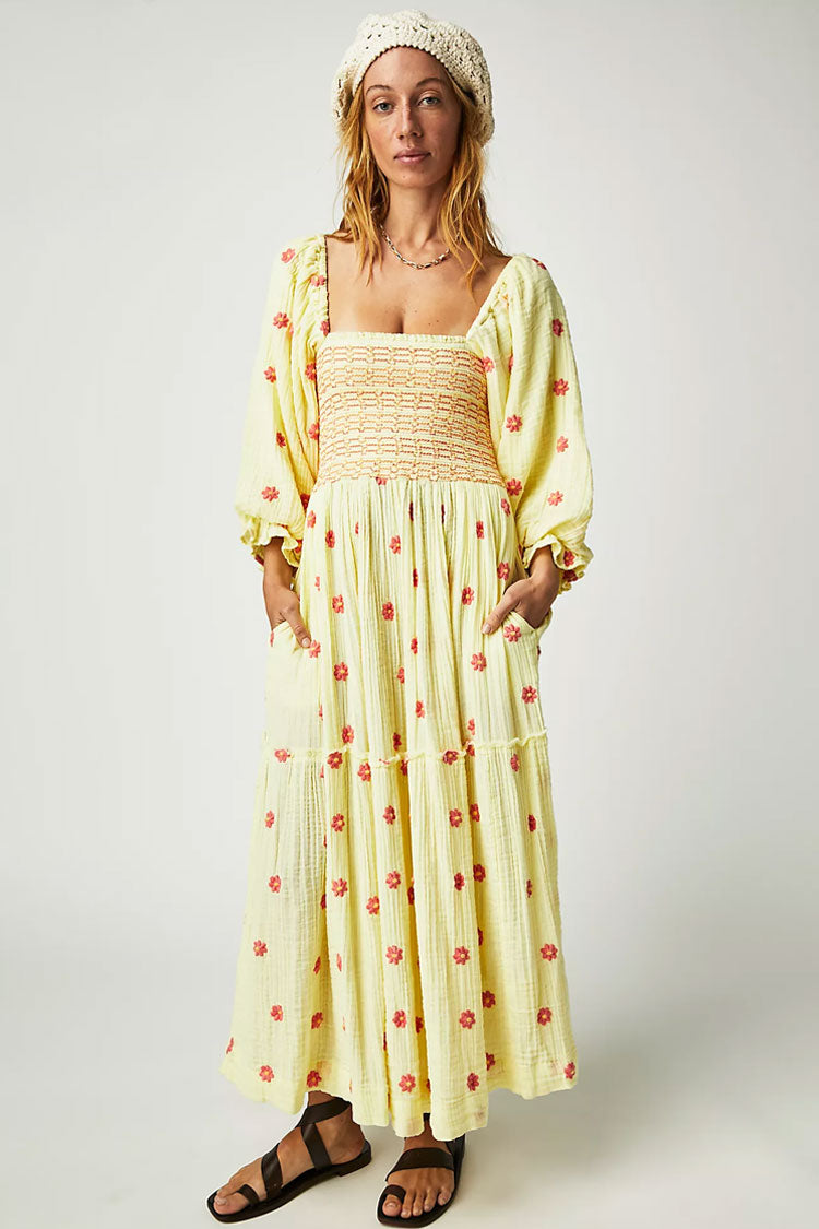 Boho Floral Embroidered Puff Sleeve Tiered Smock Beach Vacation Midi Dress