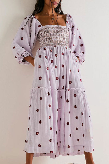 Boho Floral Embroidered Puff Sleeve Tiered Smock Beach Vacation Midi Dress