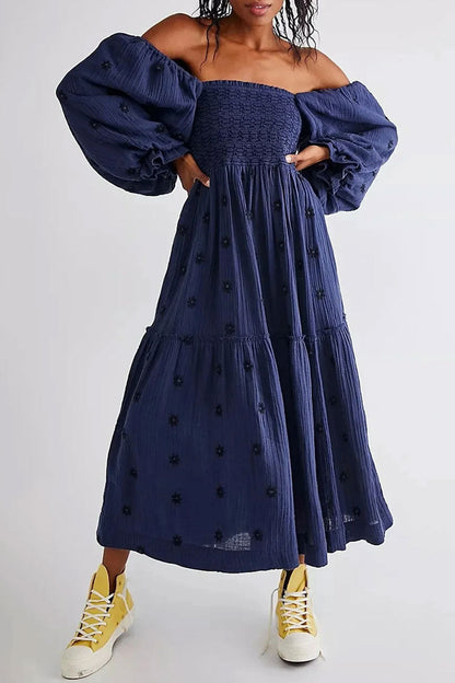 Boho Floral Embroidered Puff Sleeve Tiered Smock Beach Vacation Midi Dress