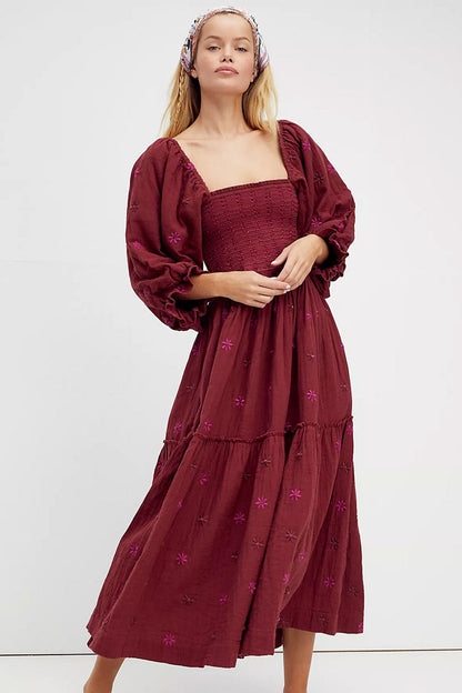 Boho Floral Embroidered Puff Sleeve Tiered Smock Beach Vacation Midi Dress