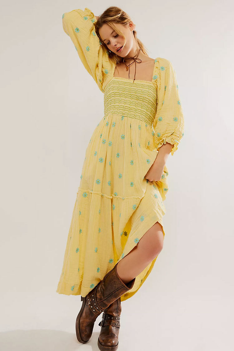 Boho Floral Embroidered Puff Sleeve Tiered Smock Beach Vacation Midi Dress