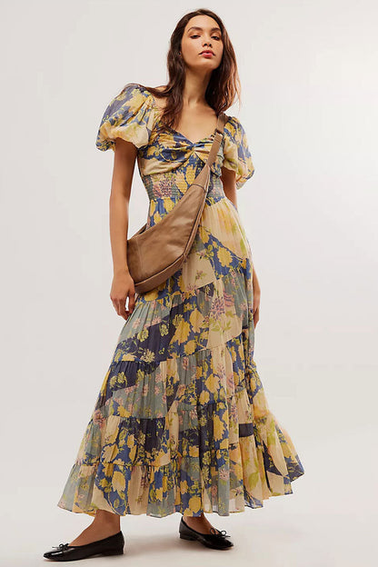 Boho Floral Patchwork Ruched Bustier Shirred Tiered Vacation Maxi Dress