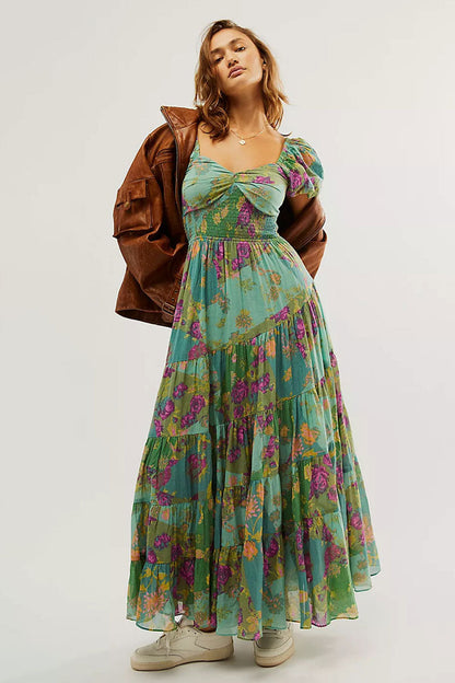 Boho Floral Patchwork Ruched Bustier Shirred Tiered Vacation Maxi Dress