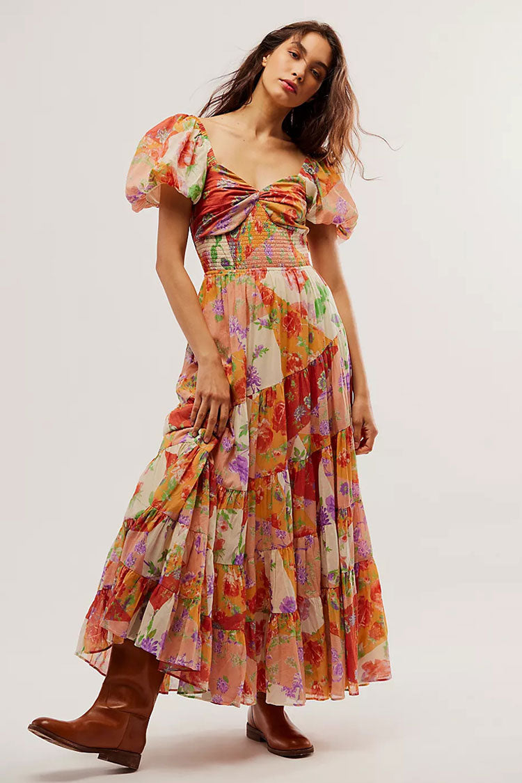 Boho Floral Patchwork Ruched Bustier Shirred Tiered Vacation Maxi Dress