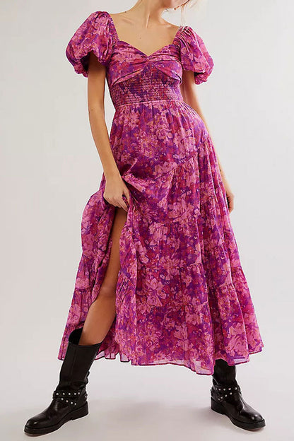 Boho Floral Patchwork Ruched Bustier Shirred Tiered Vacation Maxi Dress