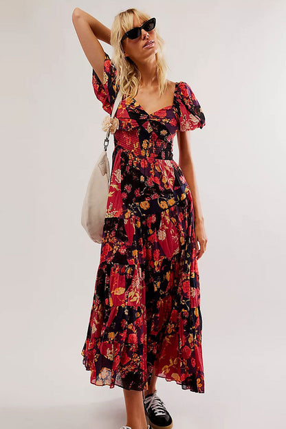 Boho Floral Patchwork Ruched Bustier Shirred Tiered Vacation Maxi Dress