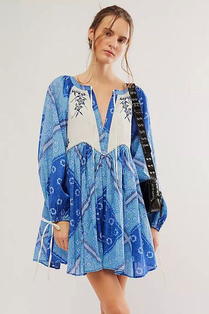 Boho Floral Patchwork Tie Neck Bishop Sleeve Vacation Babydoll Mini Dress