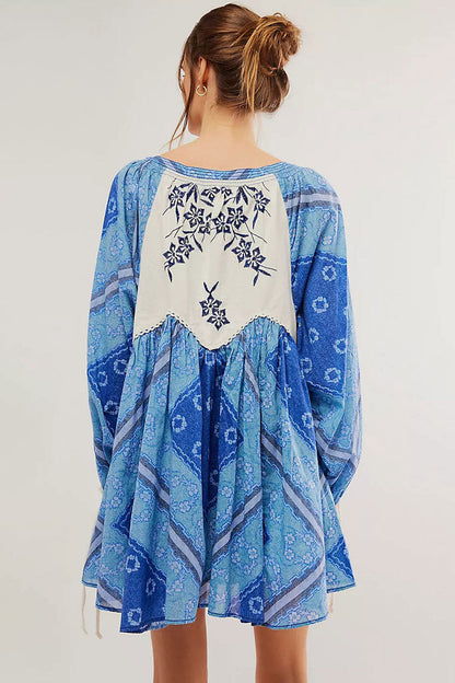 Boho Floral Patchwork Tie Neck Bishop Sleeve Vacation Babydoll Mini Dress