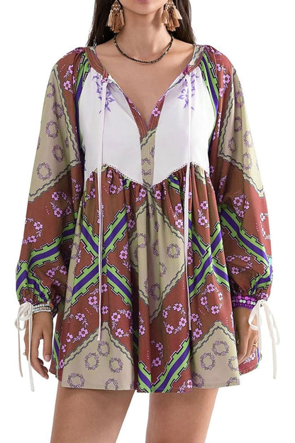 Boho Floral Patchwork Tie Neck Bishop Sleeve Vacation Babydoll Mini Dress
