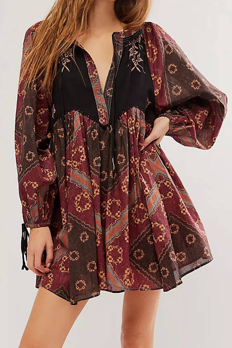 Boho Floral Patchwork Tie Neck Bishop Sleeve Vacation Babydoll Mini Dress