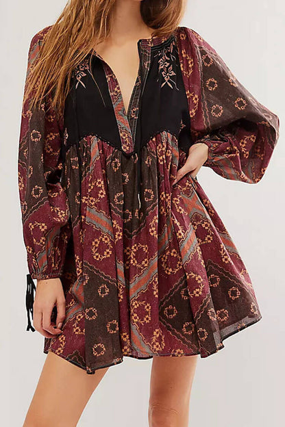 Boho Floral Patchwork Tie Neck Bishop Sleeve Vacation Babydoll Mini Dress